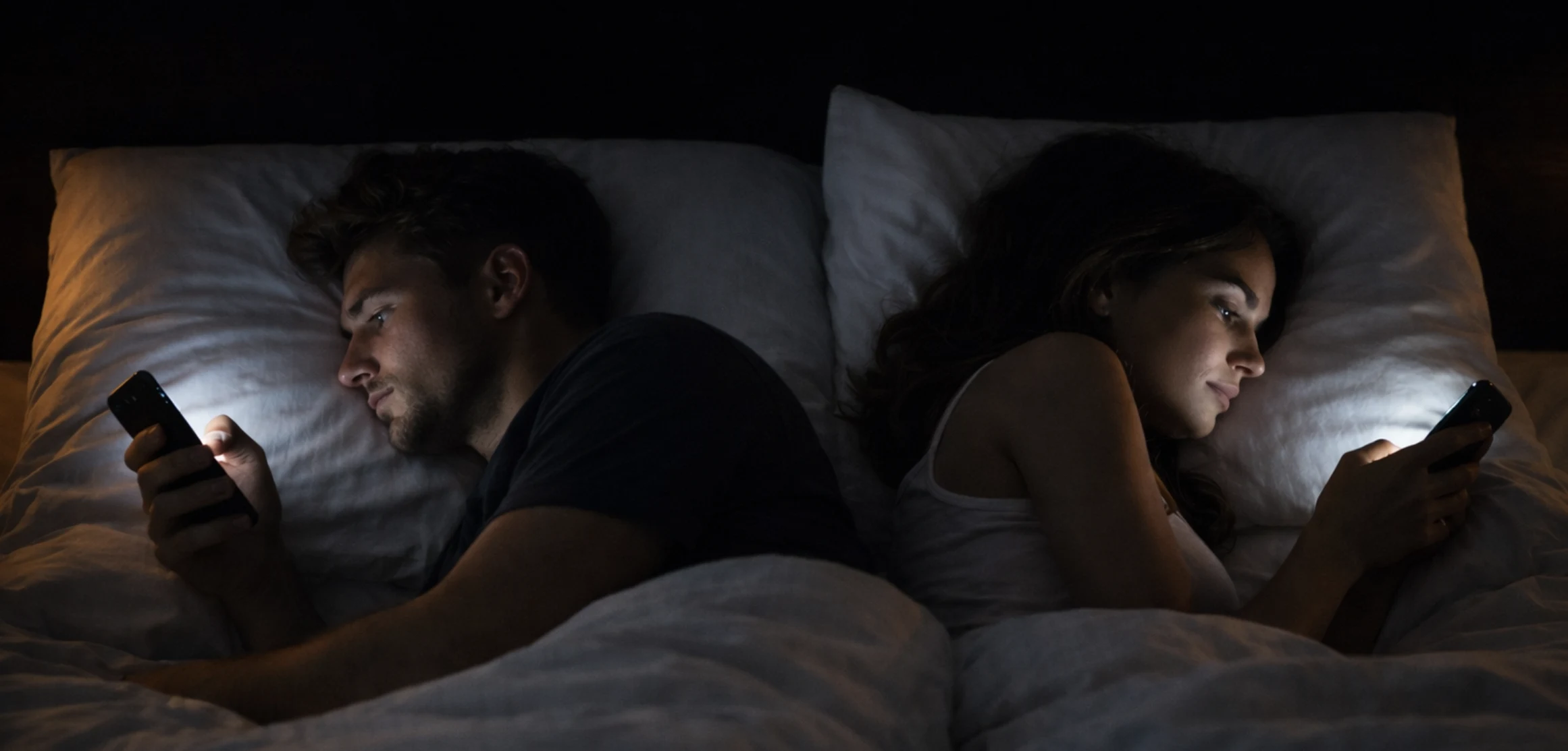 Couple lying back to back in bed at night, both using their phones.